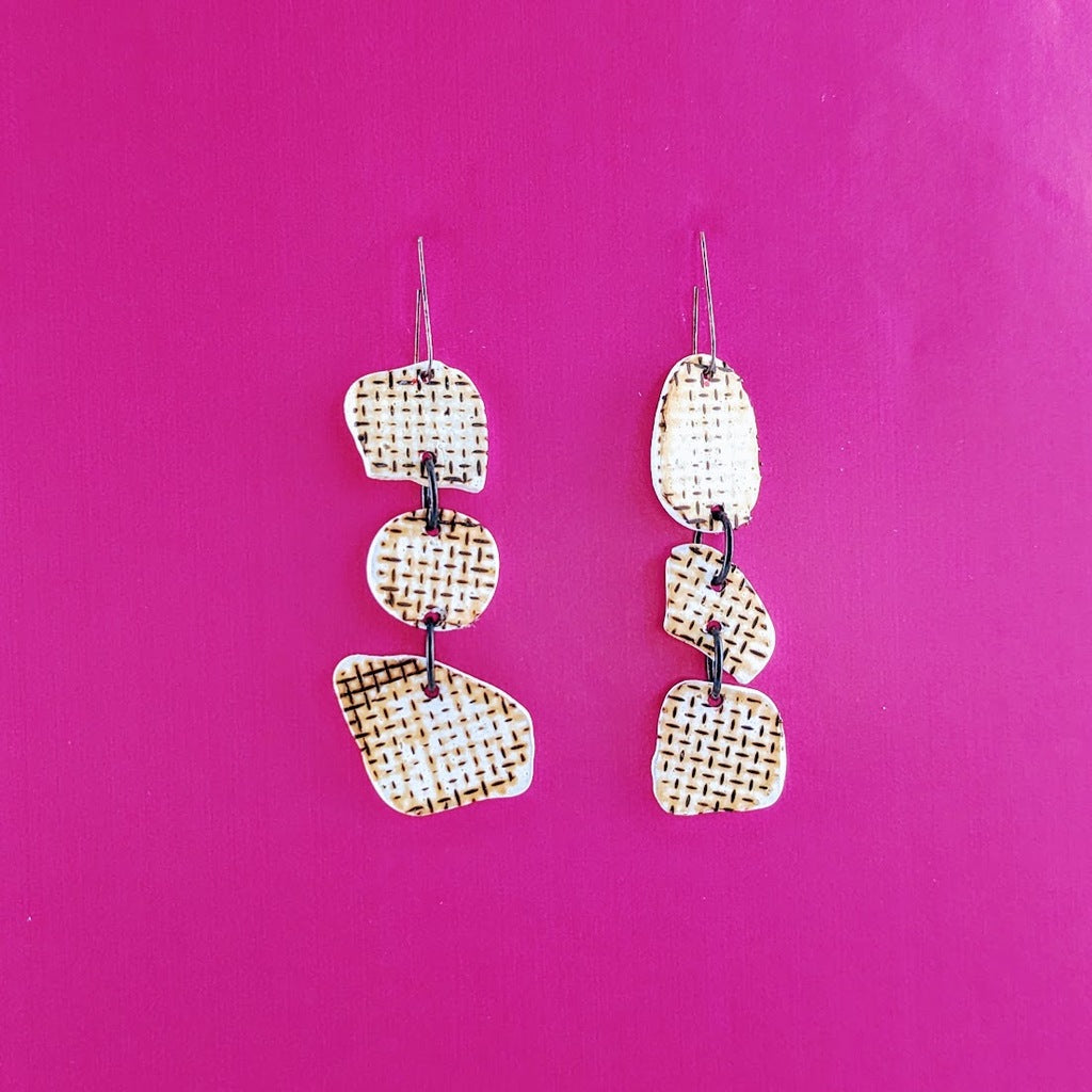 Off White with Brown Grid Earrings